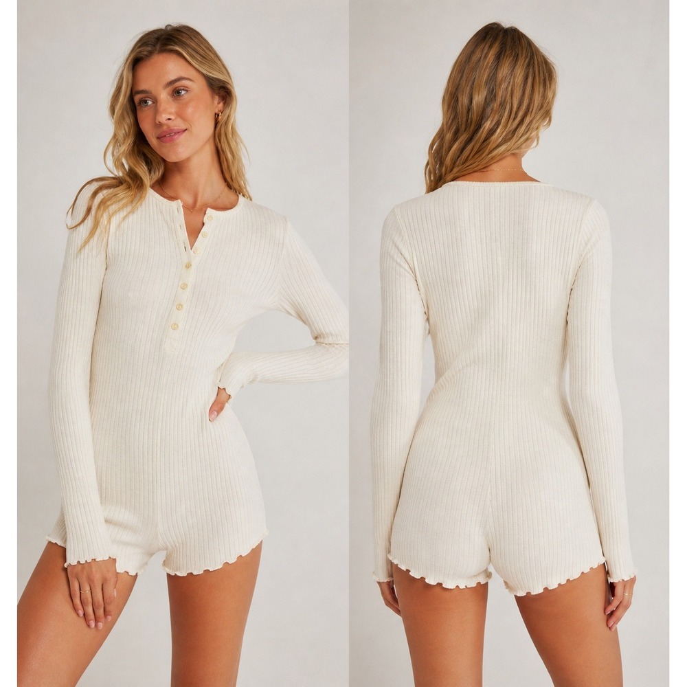 American Eagle Henley Romper XS Cream AE Lounge Pointelle Knit Long Sleeve